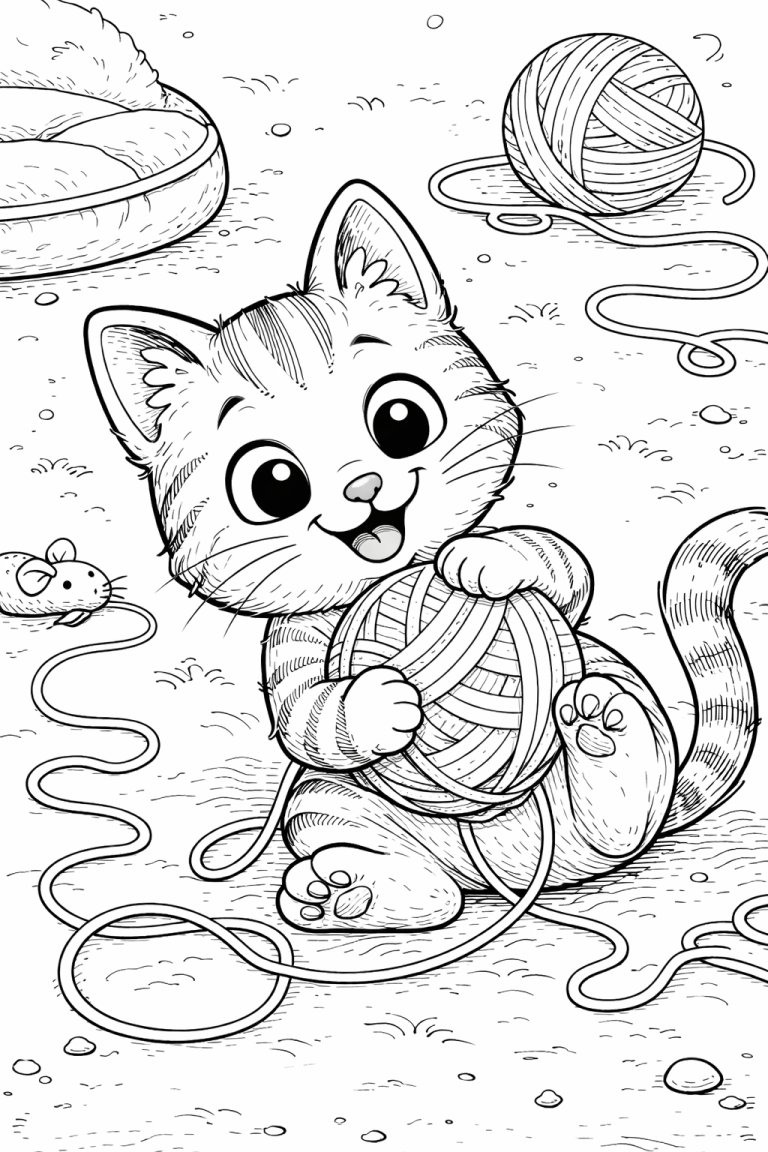 Coloring page featuring a cute cat playing with yarn