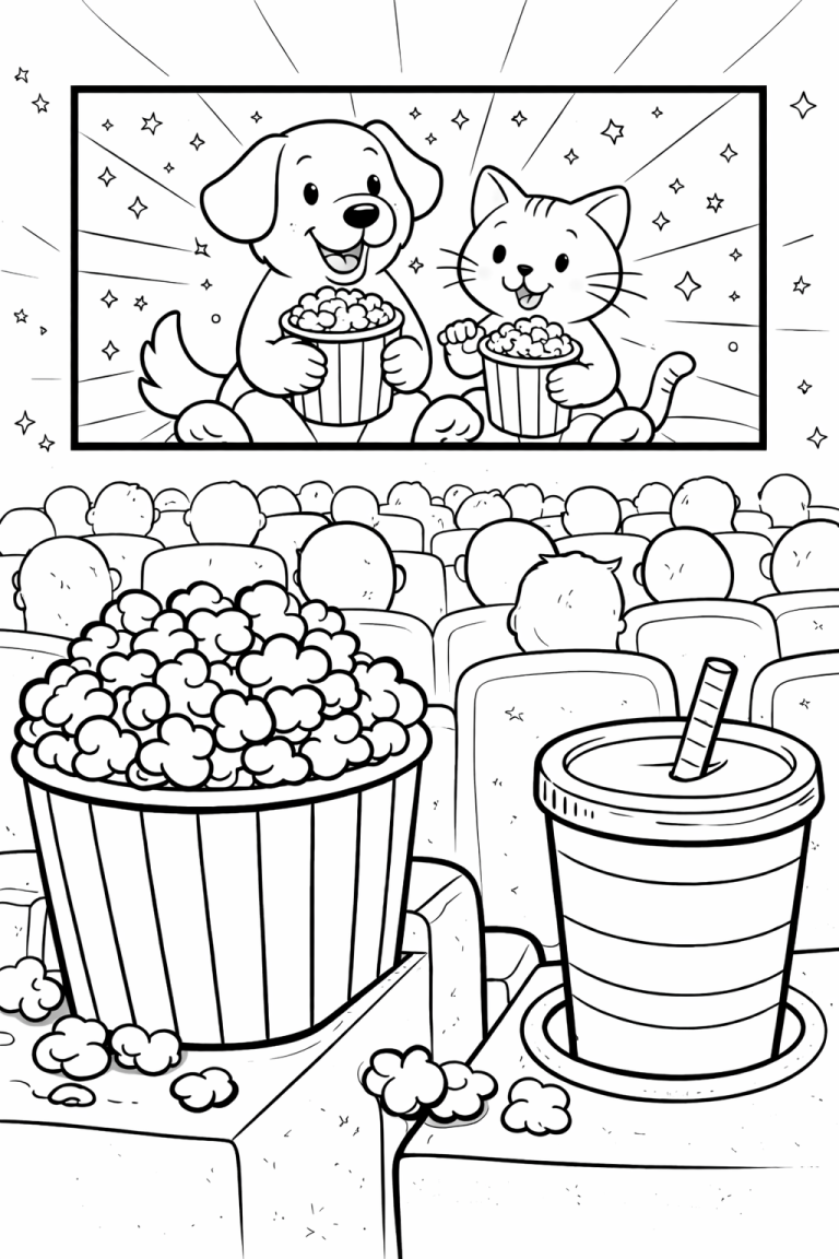 Dog and cat watching a movie with popcorn.
