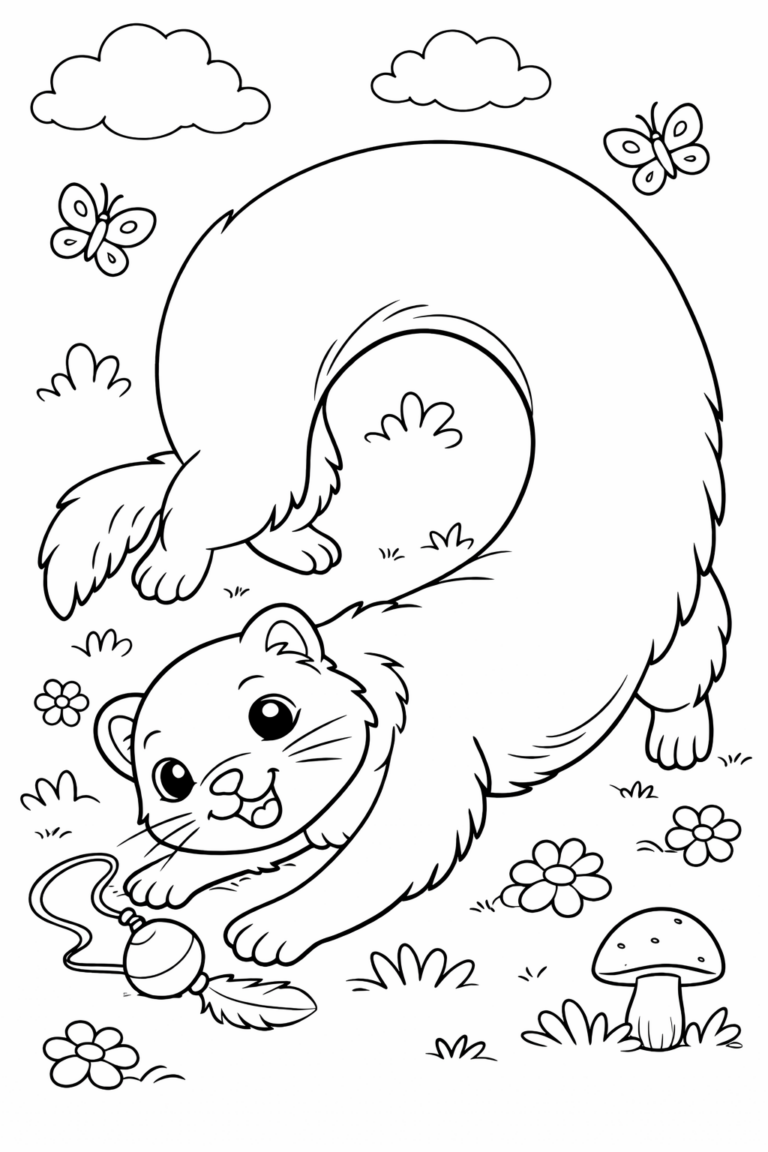 A charming coloring page of a fun-loving ferret playing with a toy in a grassy area with butterflies, flowers, and a mushroom, ready for children to bring to life with colors.