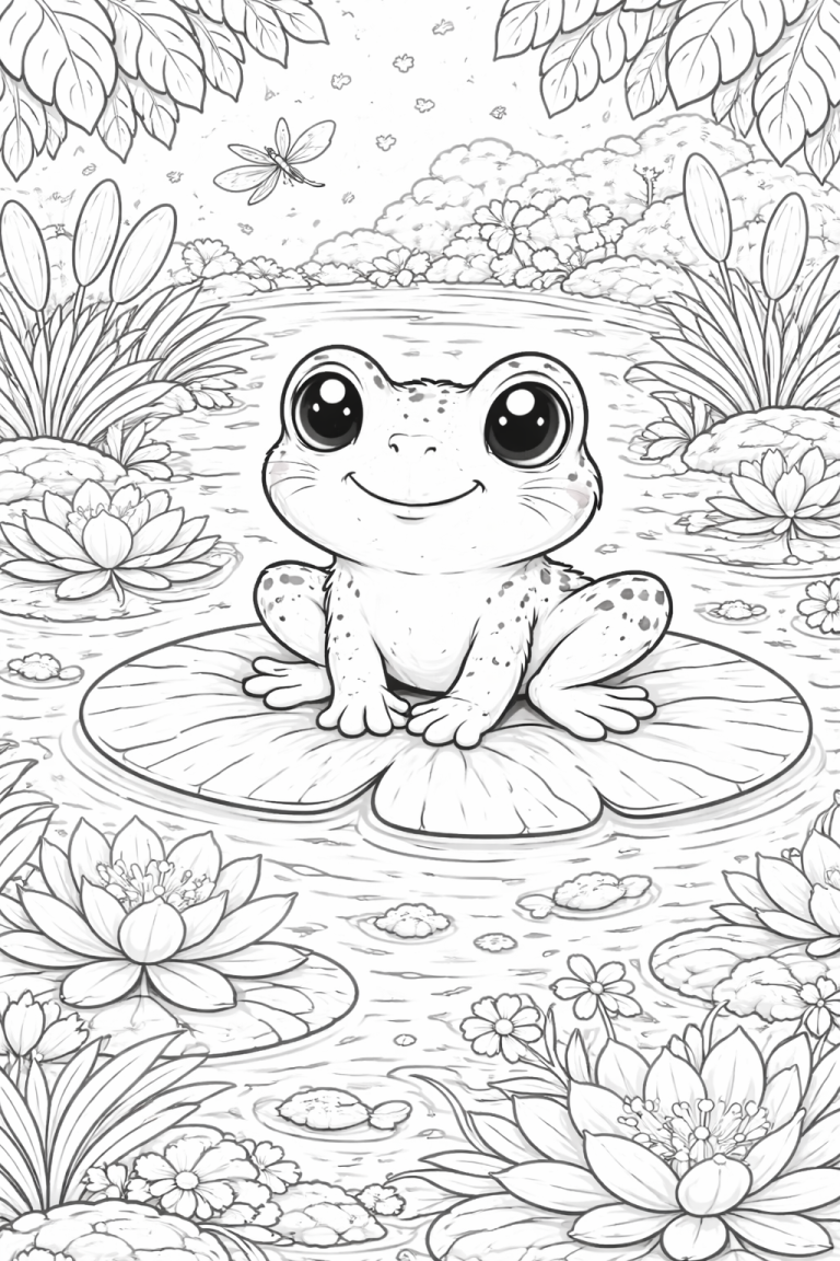 Cute frog sitting on a lily pad coloring page