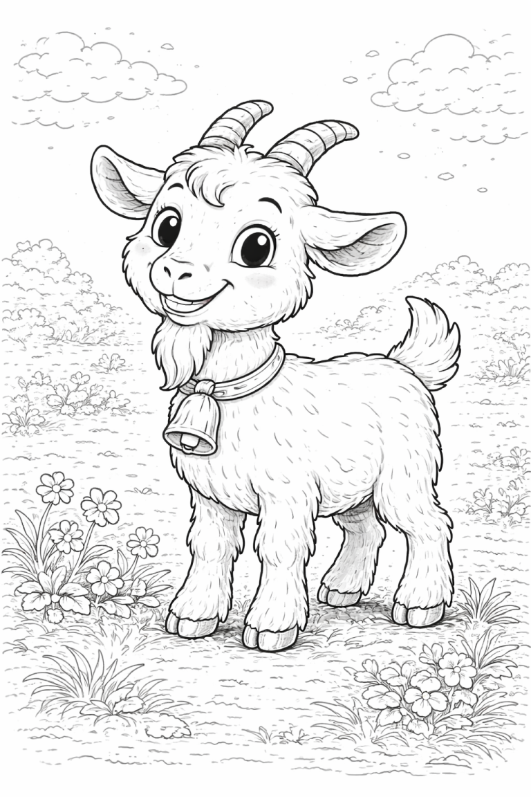 Illustration of a cute goat with fluffy fur and a bell standing in a flower-filled meadow with clouds in the background.