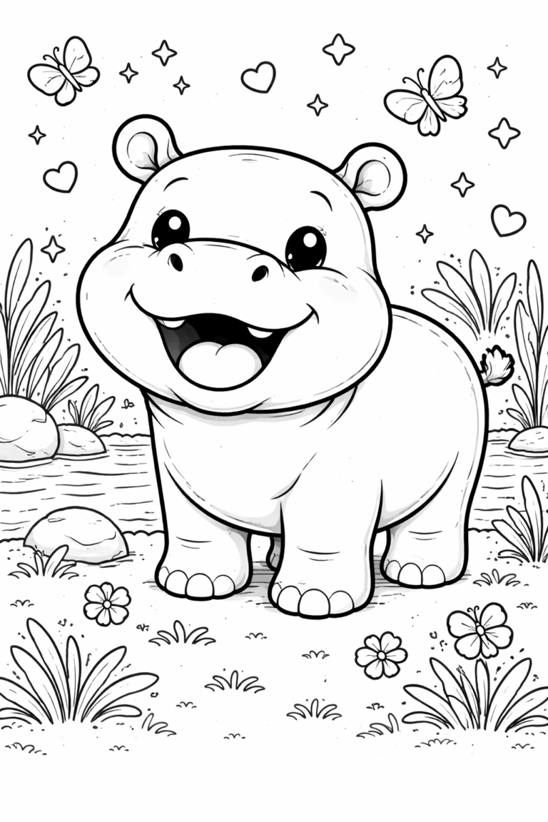 An adorable hippo amid butterflies, stars, and hearts, set in a nature scene with grass, rocks, and a river, awaiting colorful creativity.