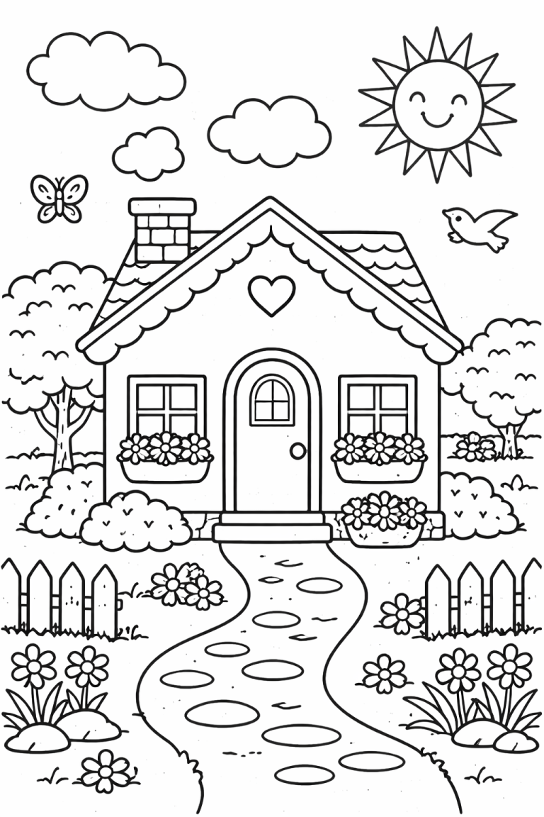 Cute house coloring page with sun and flowers