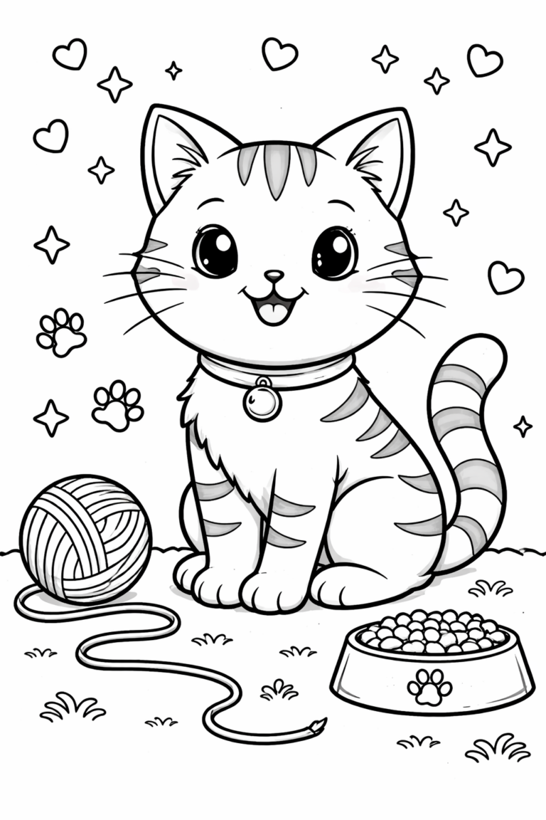 A charming kitten sits with a ball of yarn and a food dish nearby, surrounded by stars and hearts. The playful and friendly expression invites children to bring it to life with their coloring skills, creating a fun and engaging experience.