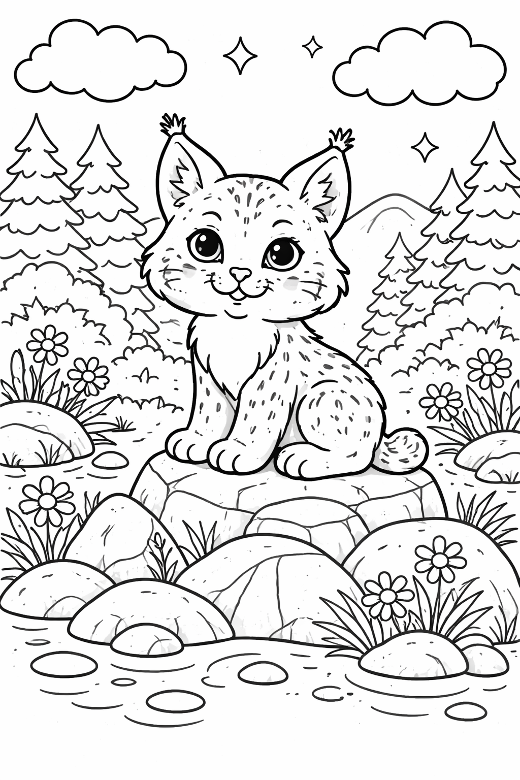 Cute lynx on a coloring page with trees and rocks