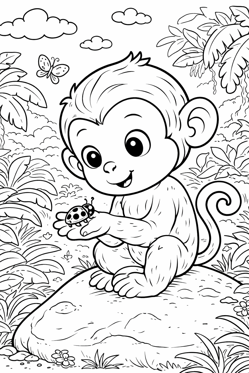 A cute monkey with a ladybug in the jungle, surrounded by lush greenery and a butterfly, ready for kids to color.