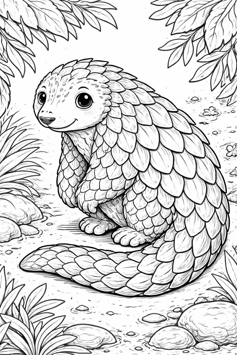 Cute pangolin in a forest setting coloring page