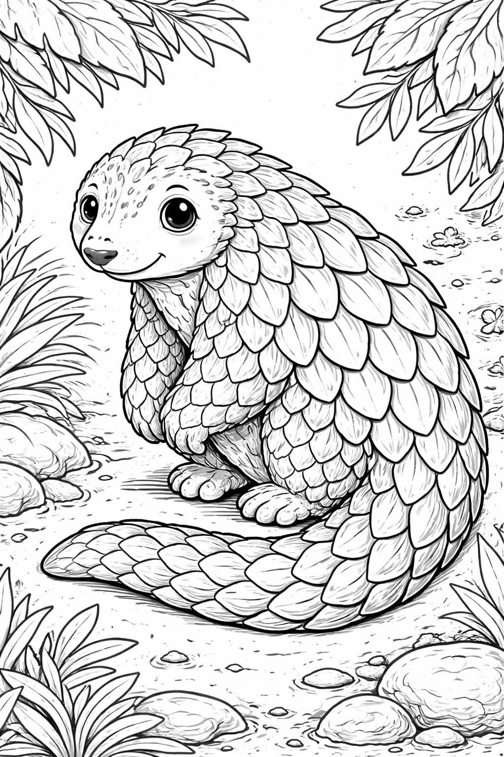 Cute pangolin in a forest setting coloring page