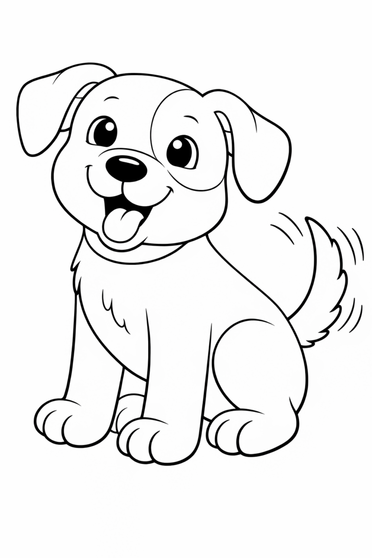 Coloring page displaying a cute puppy with a joyful expression and wagging tail, designed for children to fill with vibrant colors.