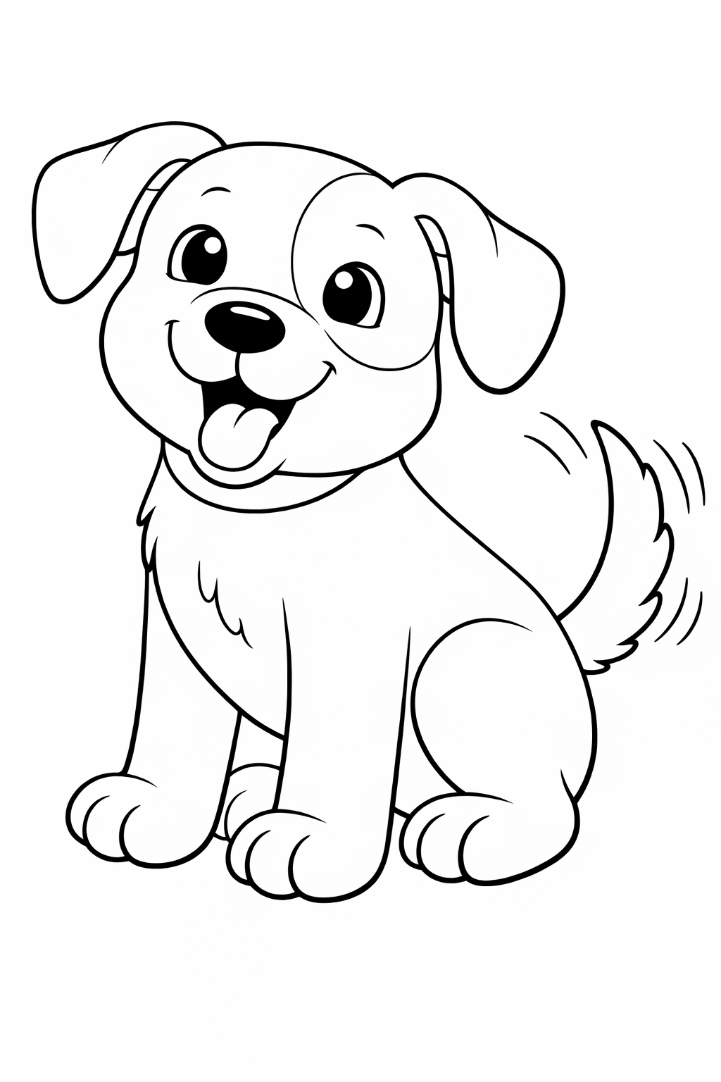 Coloring page displaying a cute puppy with a joyful expression and wagging tail, designed for children to fill with vibrant colors.