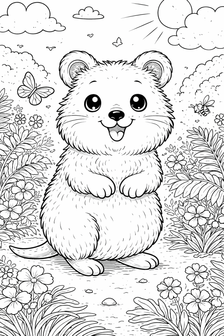 Cute quokka in a garden coloring page