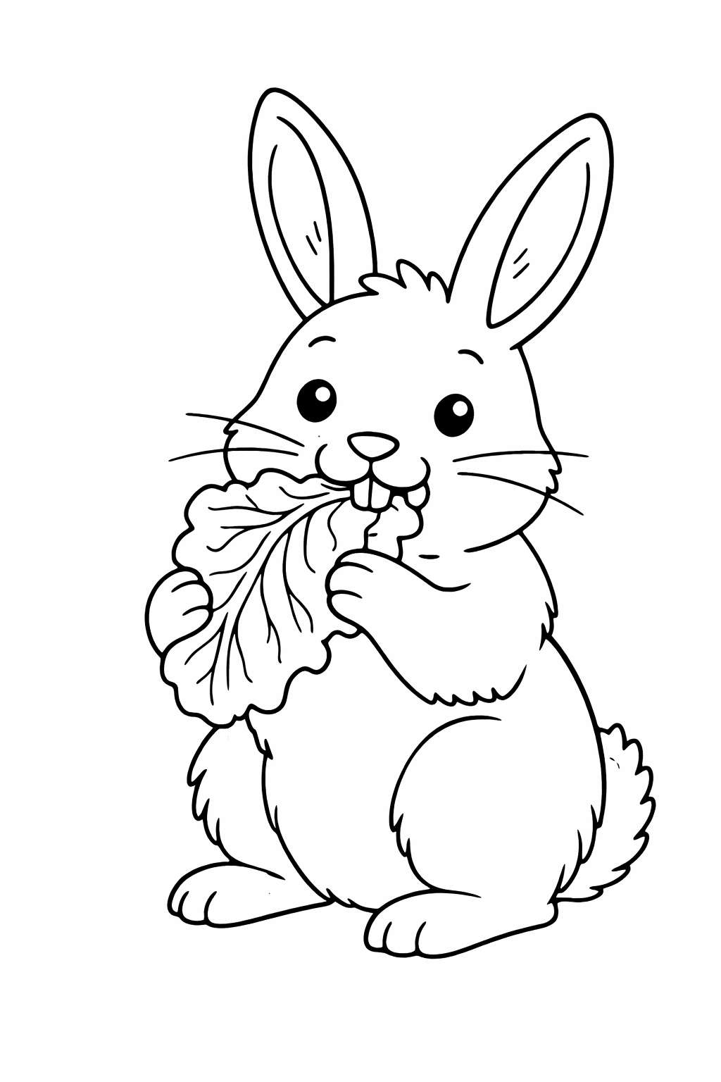 A cute rabbit is shown happily munching on a leaf. Children will enjoy coloring the rabbit’s fluffy fur and large ears in various colors, allowing their creativity to shine.