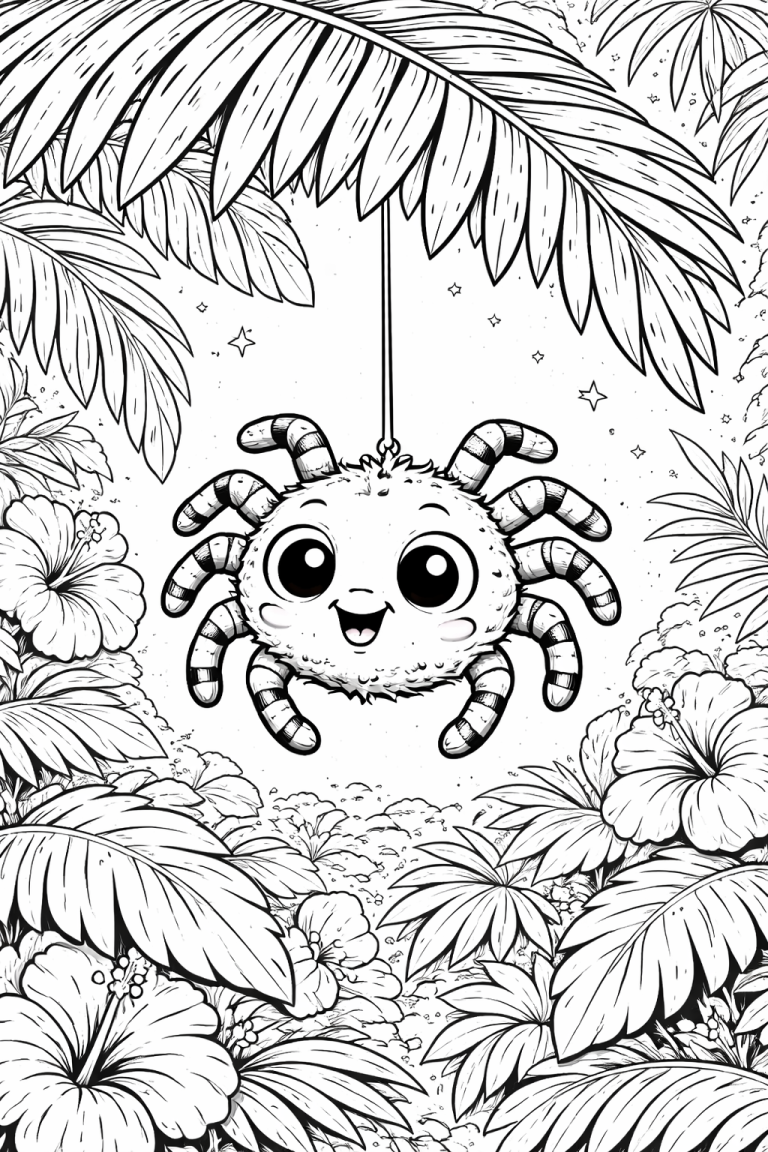 Cute spider hanging in jungle coloring page