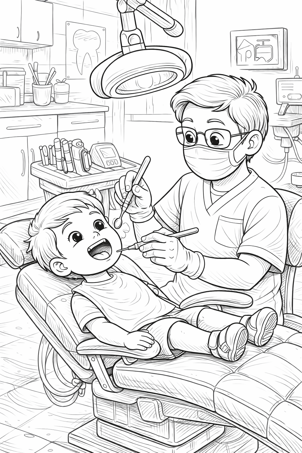 Child getting a dental checkup coloring page