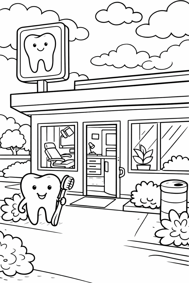 Dental clinic with a smiling tooth holding a toothbrush