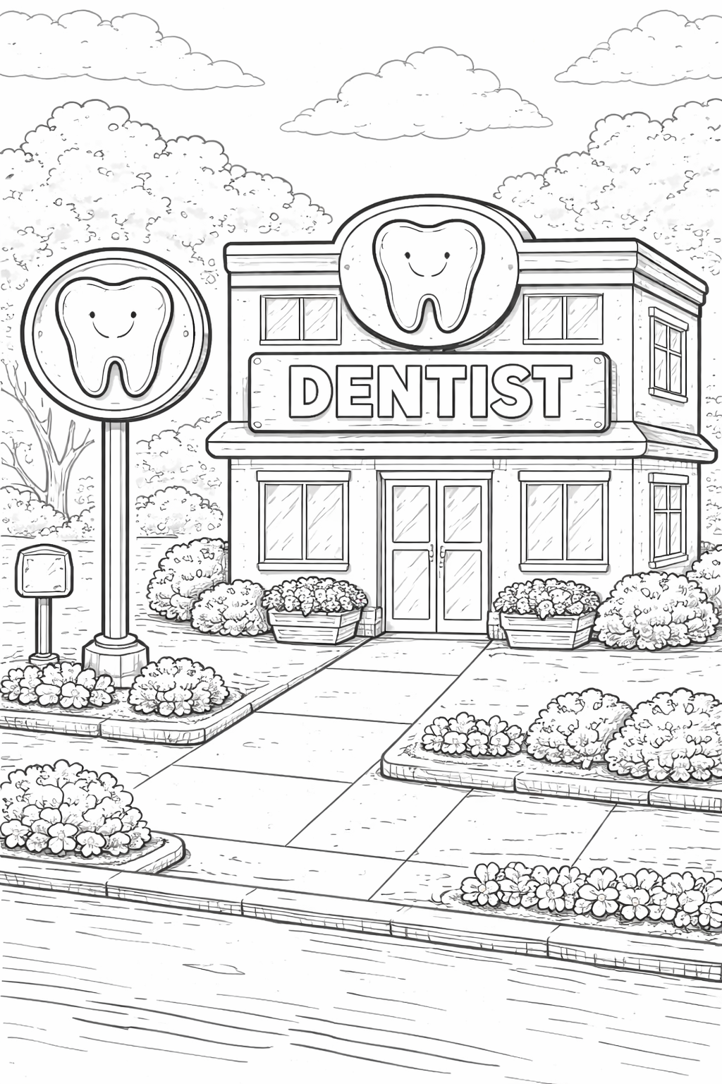 Children's coloring page of a dentist office