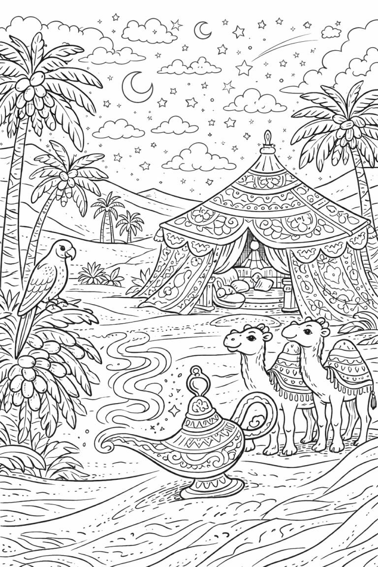 Desert scene with tent, camels, and genie lamp