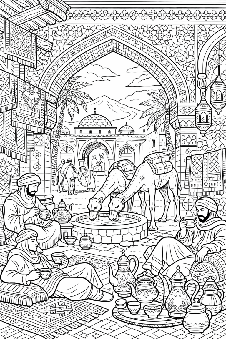 Coloring page of a lively desert marketplace with camels and people.