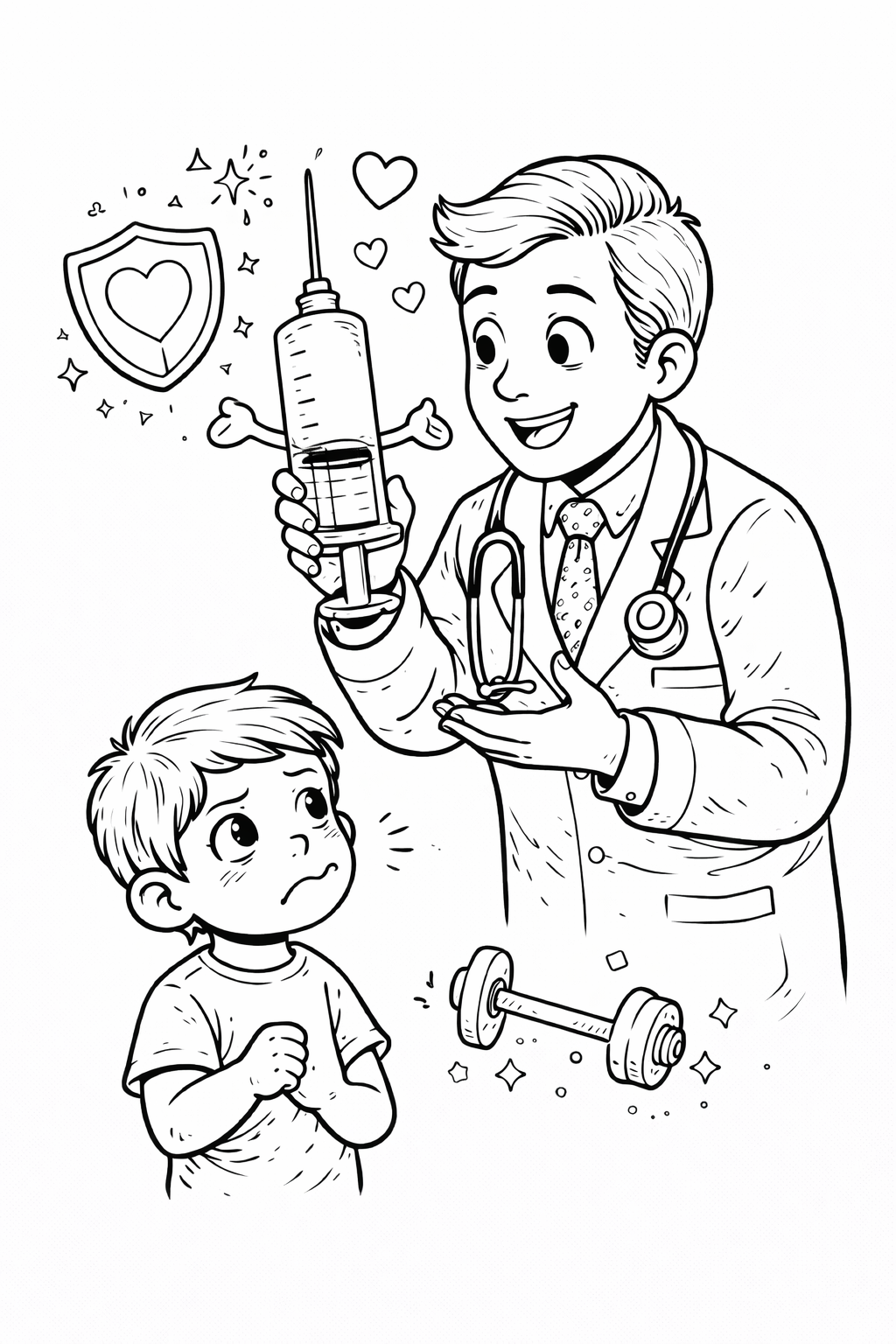 A cheerful doctor holds a large syringe while a nervous child looks on. Surrounding elements like hearts and stars aim to create a positive and comforting image for children visiting doctors.