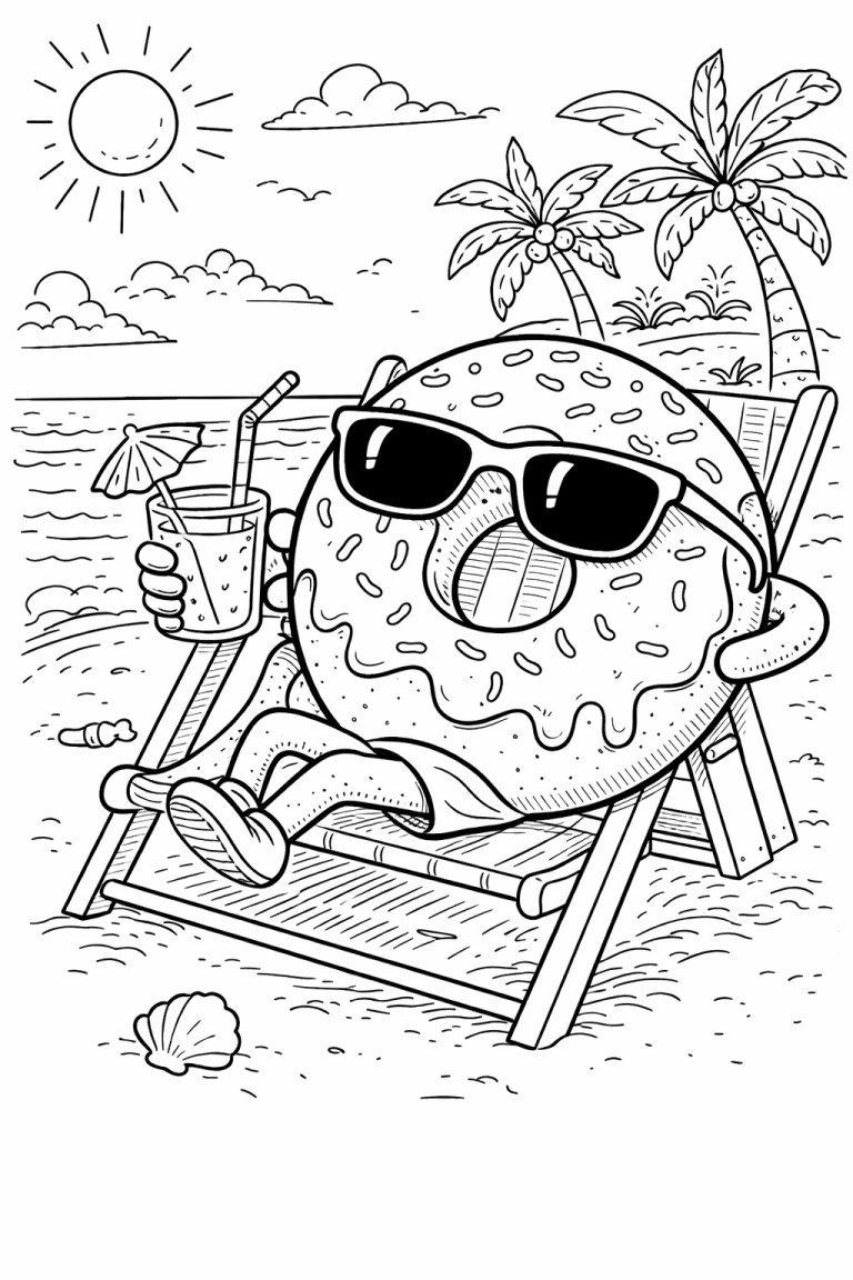 A donut character relaxing on a beach chair with sunglasses and a drink, set against a backdrop of palm trees and a sunny sky. Perfect for children to color.