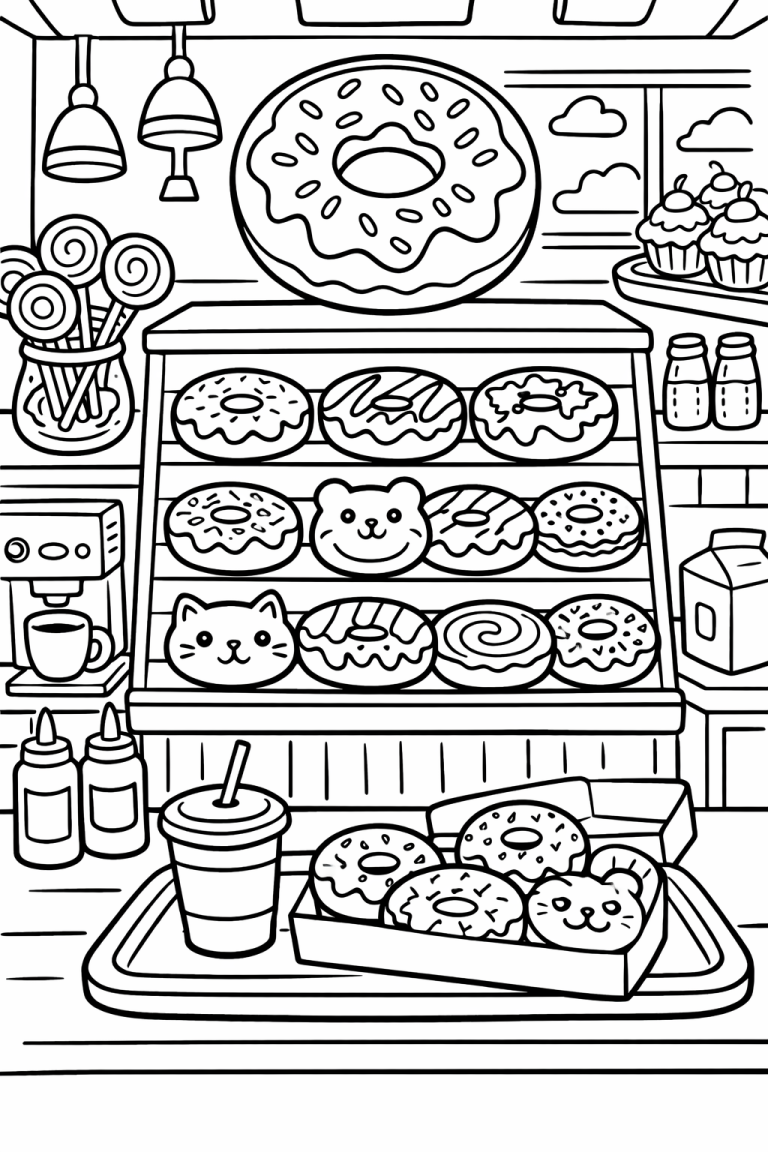Children's coloring page of a donut shop