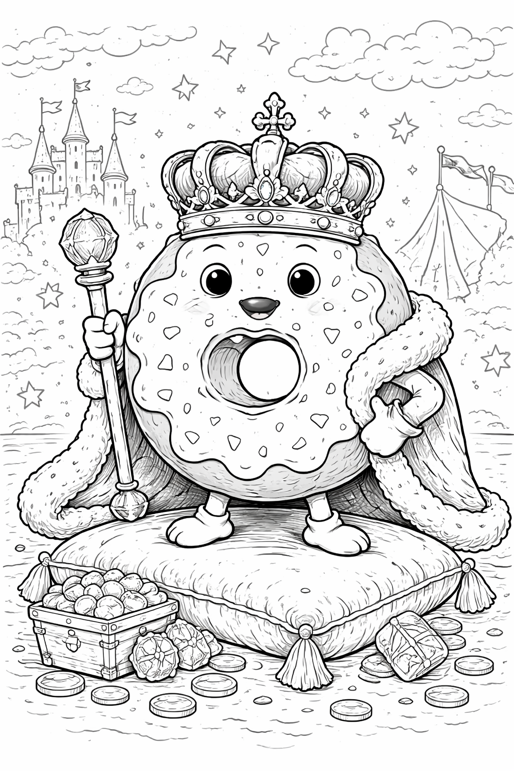 A charming doughnut king holds a scepter and wears a crown. He is seated on a pillow with a castle and tent backdrop. The scene encourages children’s creativity.