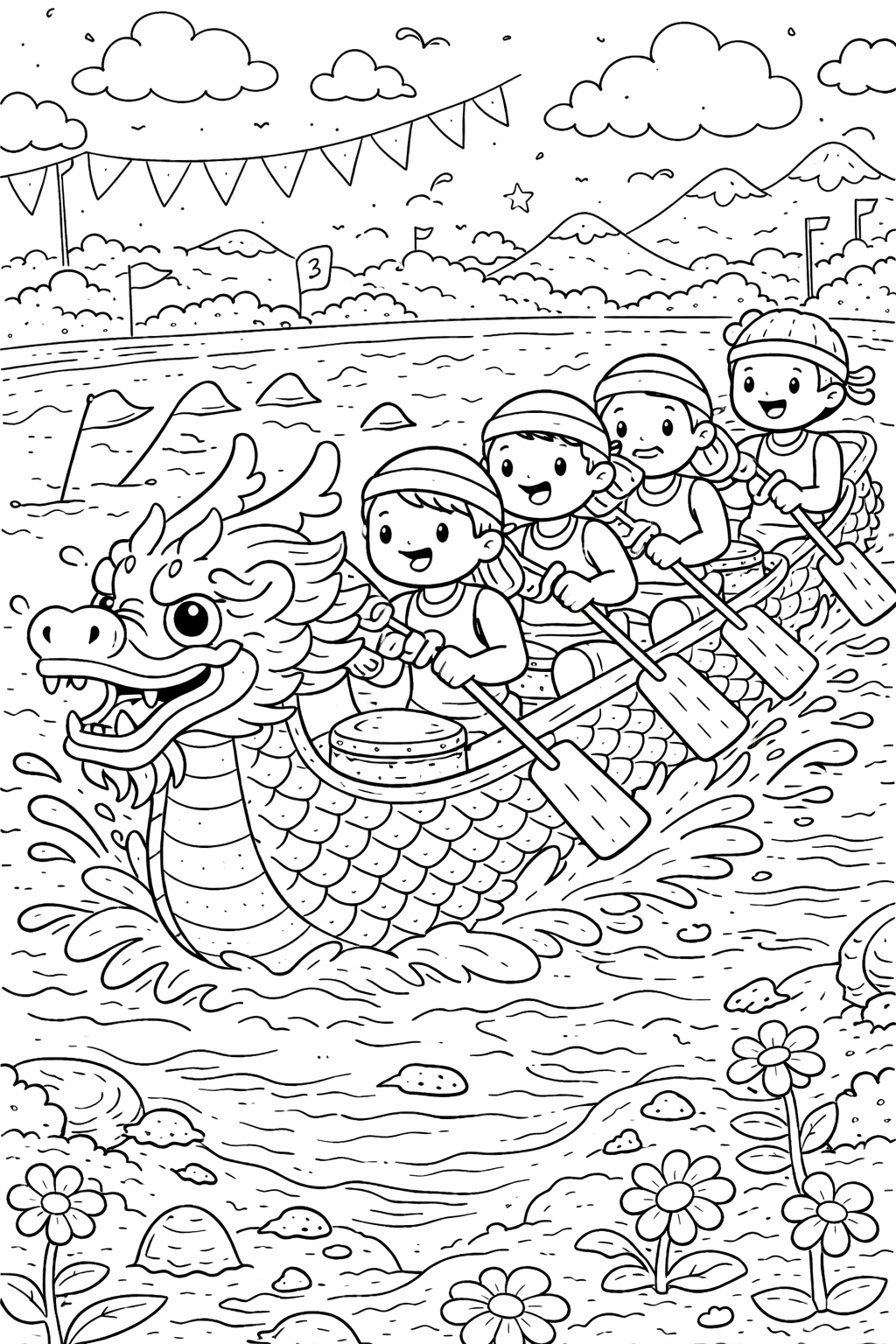 Children's dragon boat race coloring page
