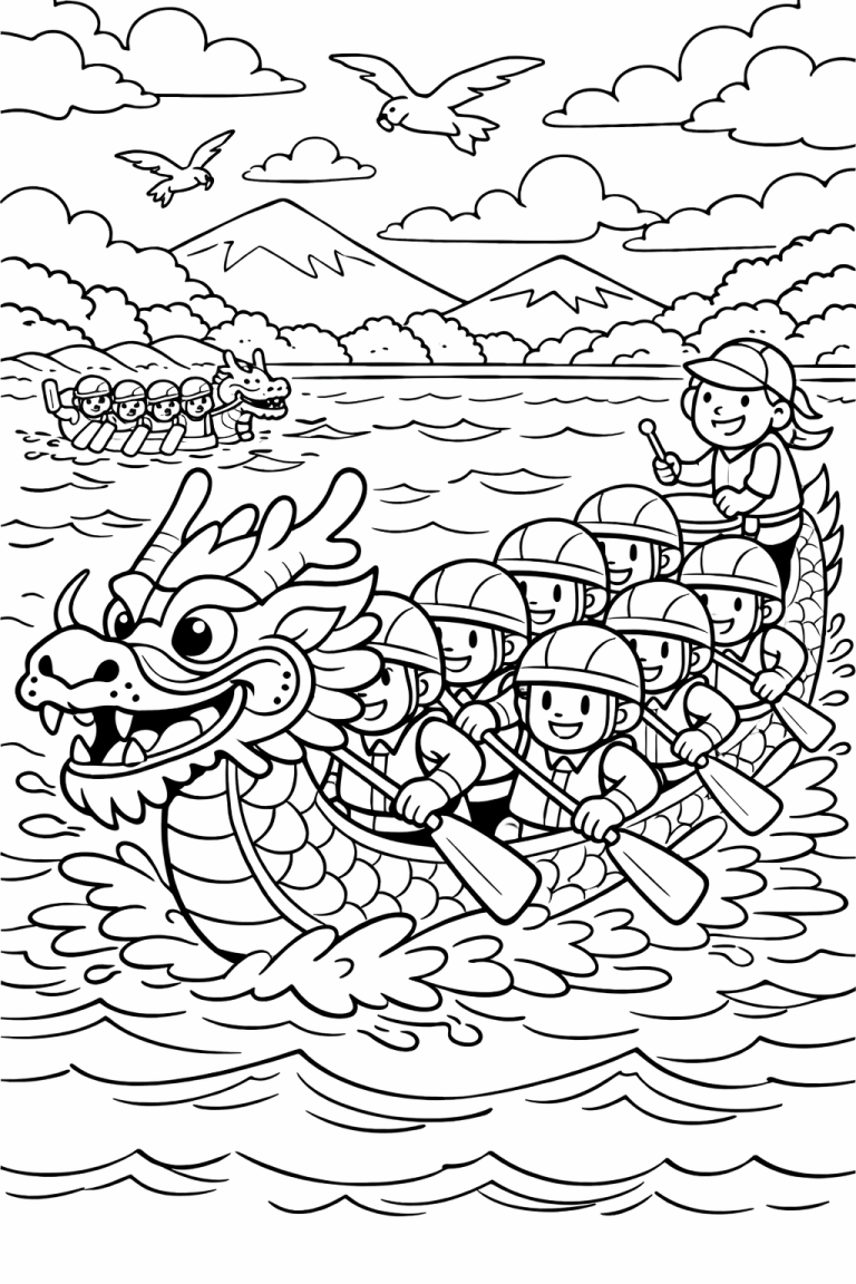 Children's coloring page featuring a dragon boat race