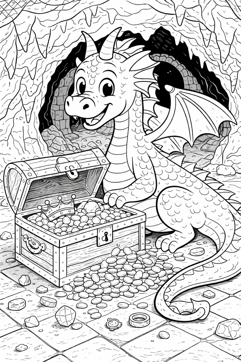Friendly dragon with treasure chest in cave scene