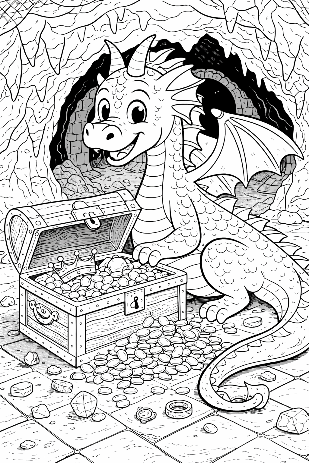 Friendly dragon with treasure chest in cave scene