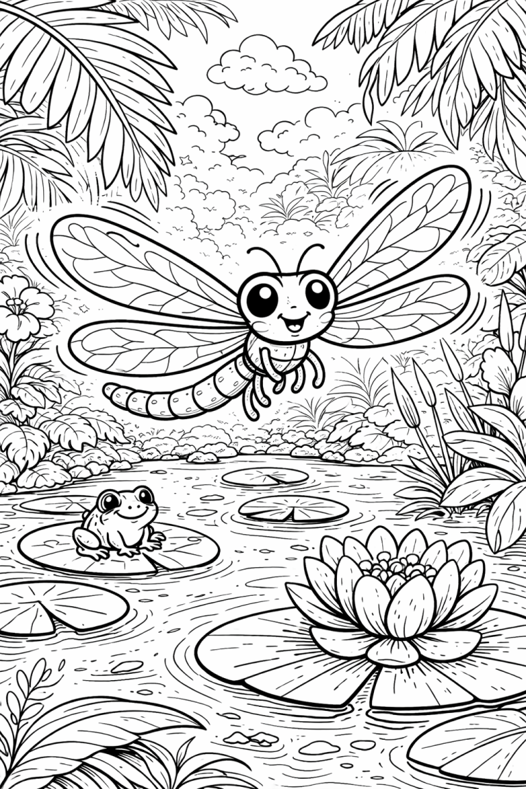 Coloring page with dragonfly and frog in a pond