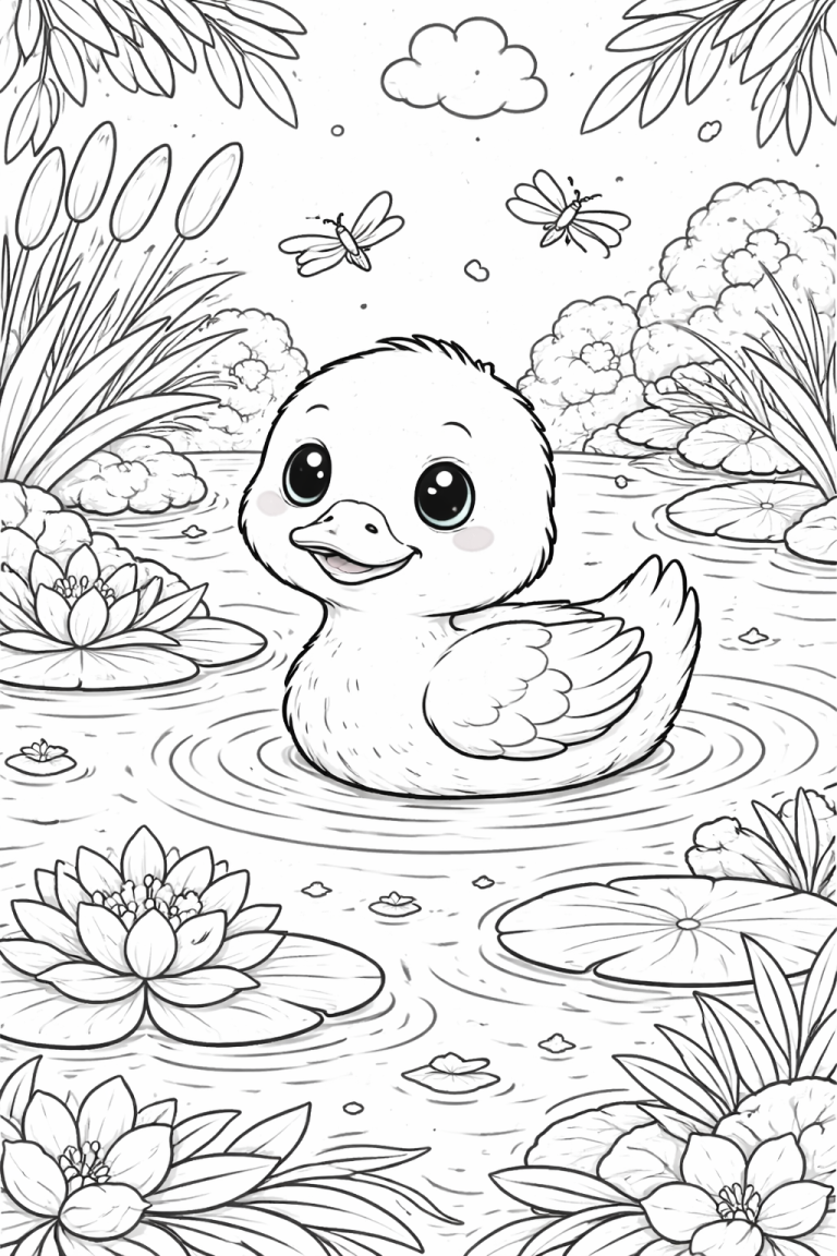 Cute duck in a pond coloring page
