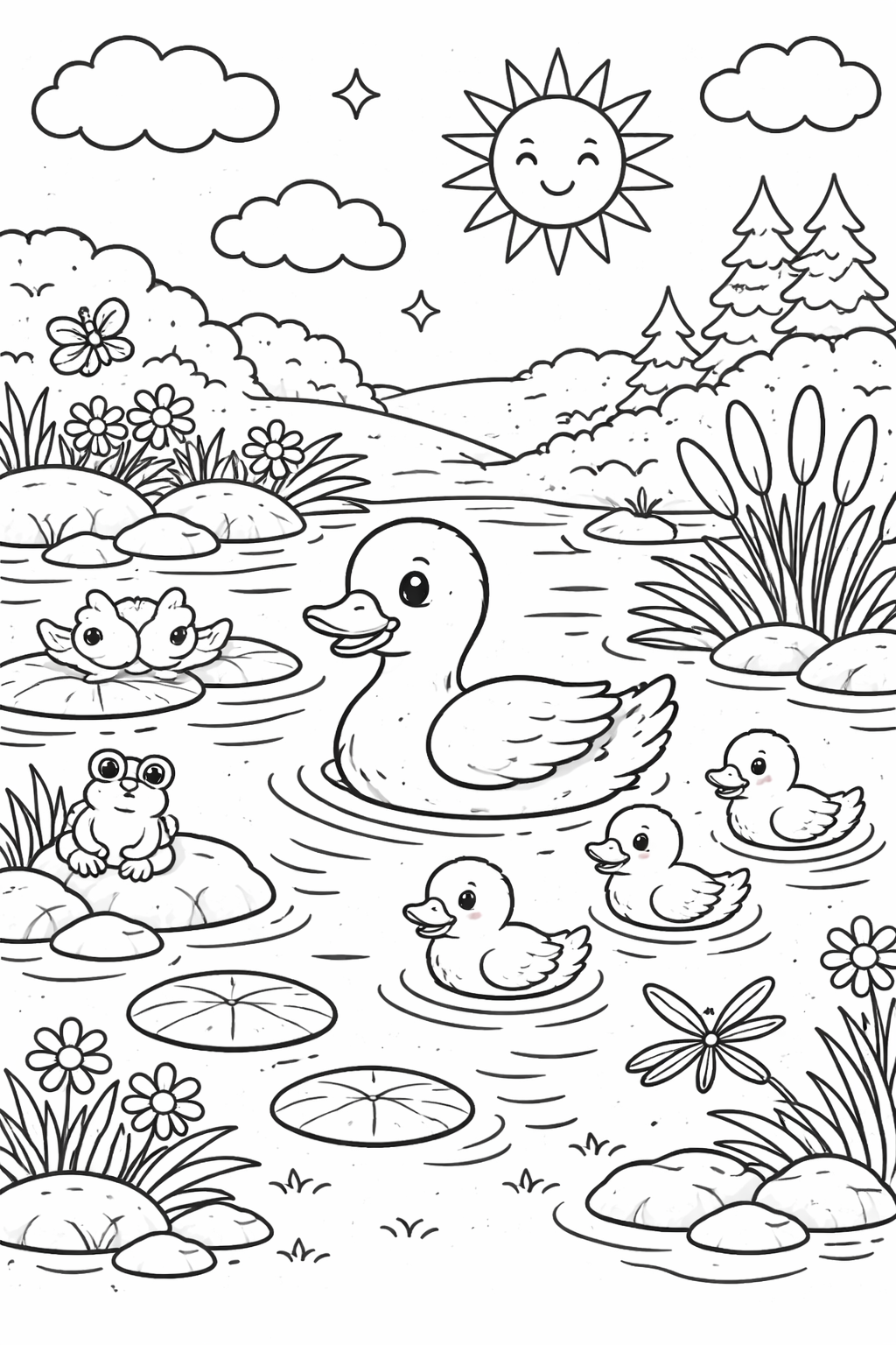 Duck family with ducklings in a pond