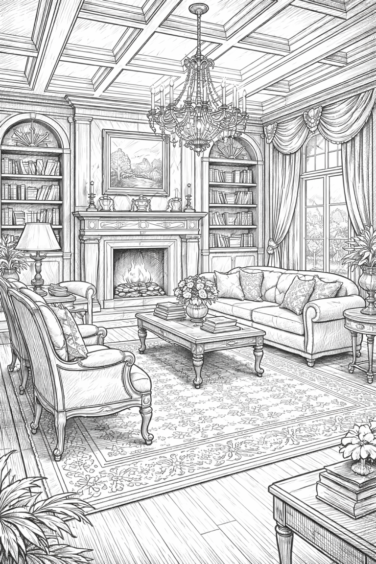 Elegant living room coloring page with fireplace and chandelier