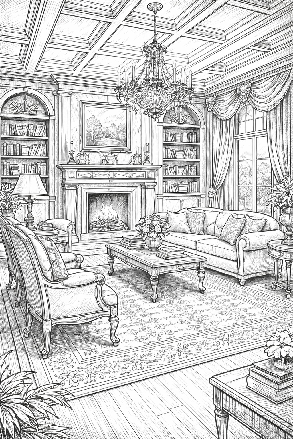 Elegant living room coloring page with fireplace and chandelier