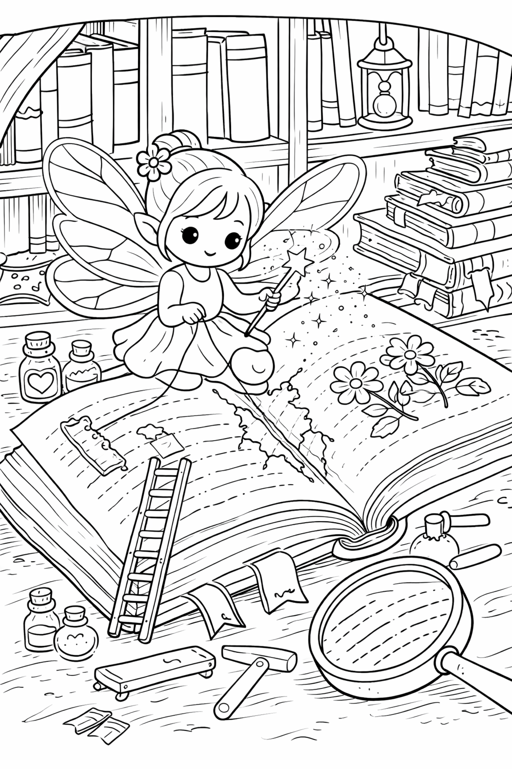 A charming fairy sits on an oversized book in a fanciful library. Her wings shimmer as she holds a wand surrounded by books, potions, and a magnifying glass. The scene offers kids a magical world to color, sparking creativity with whimsical details.