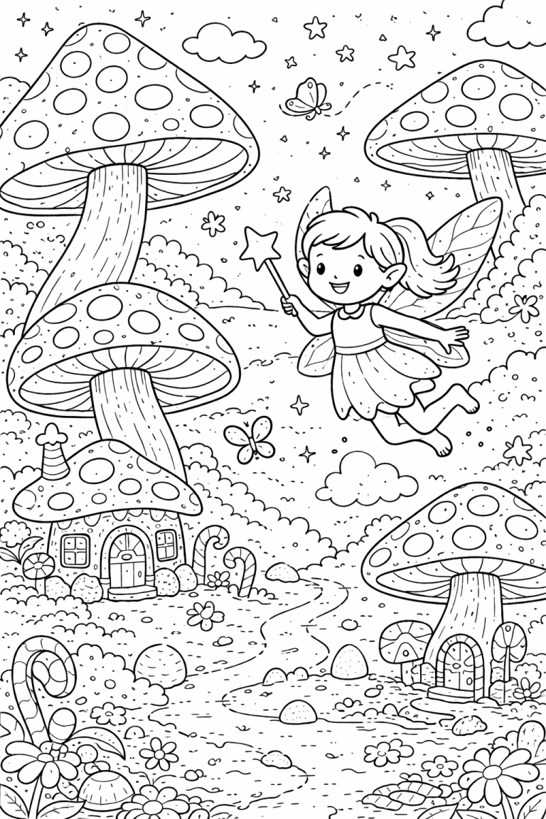 Children's coloring page with fairy and mushrooms