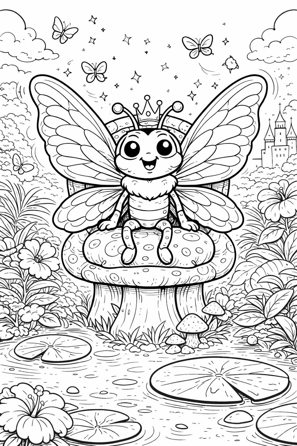 Fairy insect on a mushroom in a garden