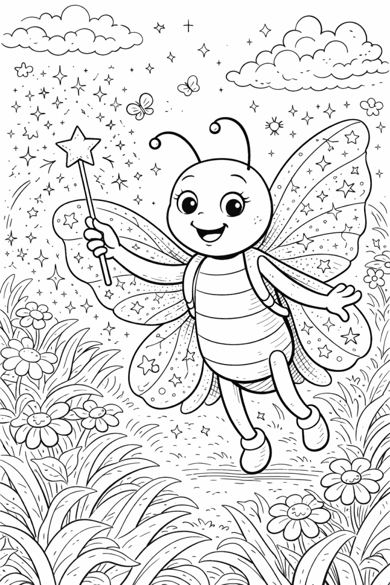 A delightful fairy insect flies with a starry wand amid flowers, butterflies and clouds, awaiting vibrant colors from young imagination.