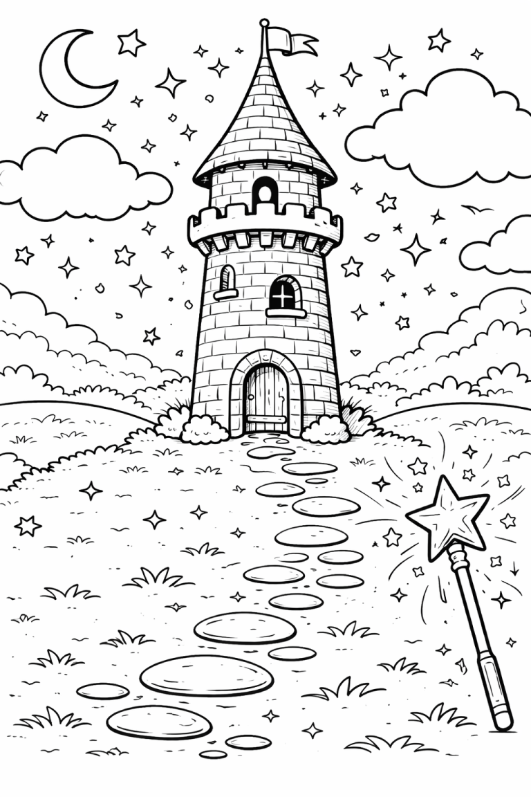 Coloring page of a fairy tale castle with a wand and night sky