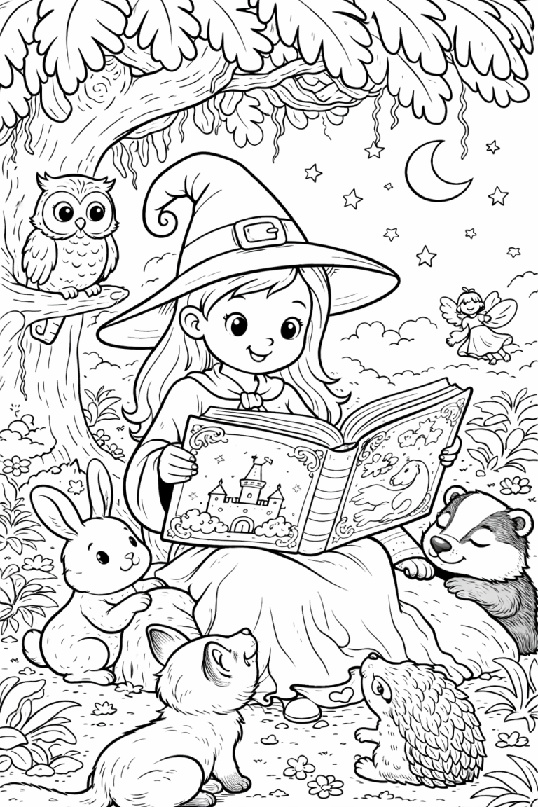 A young witch reading a fairy tale book surrounded by friendly animals under a moonlit sky. An owl, rabbit, and other creatures gather around, creating a whimsical scene perfect for coloring.