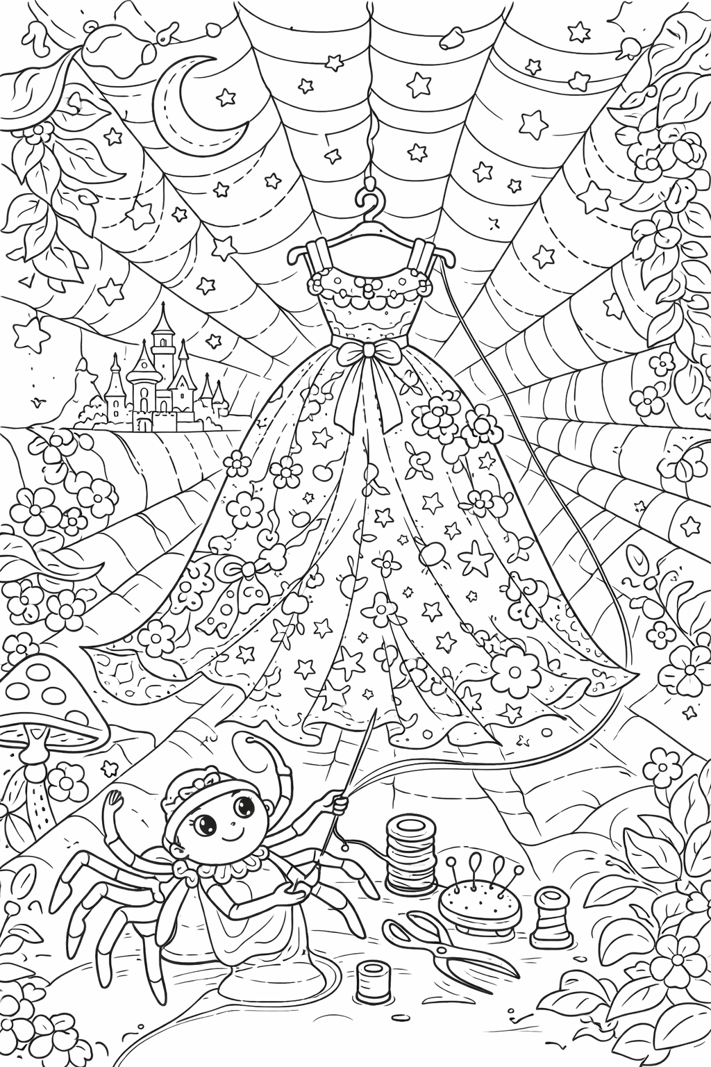 Fairy tale dress in web with spider tailor