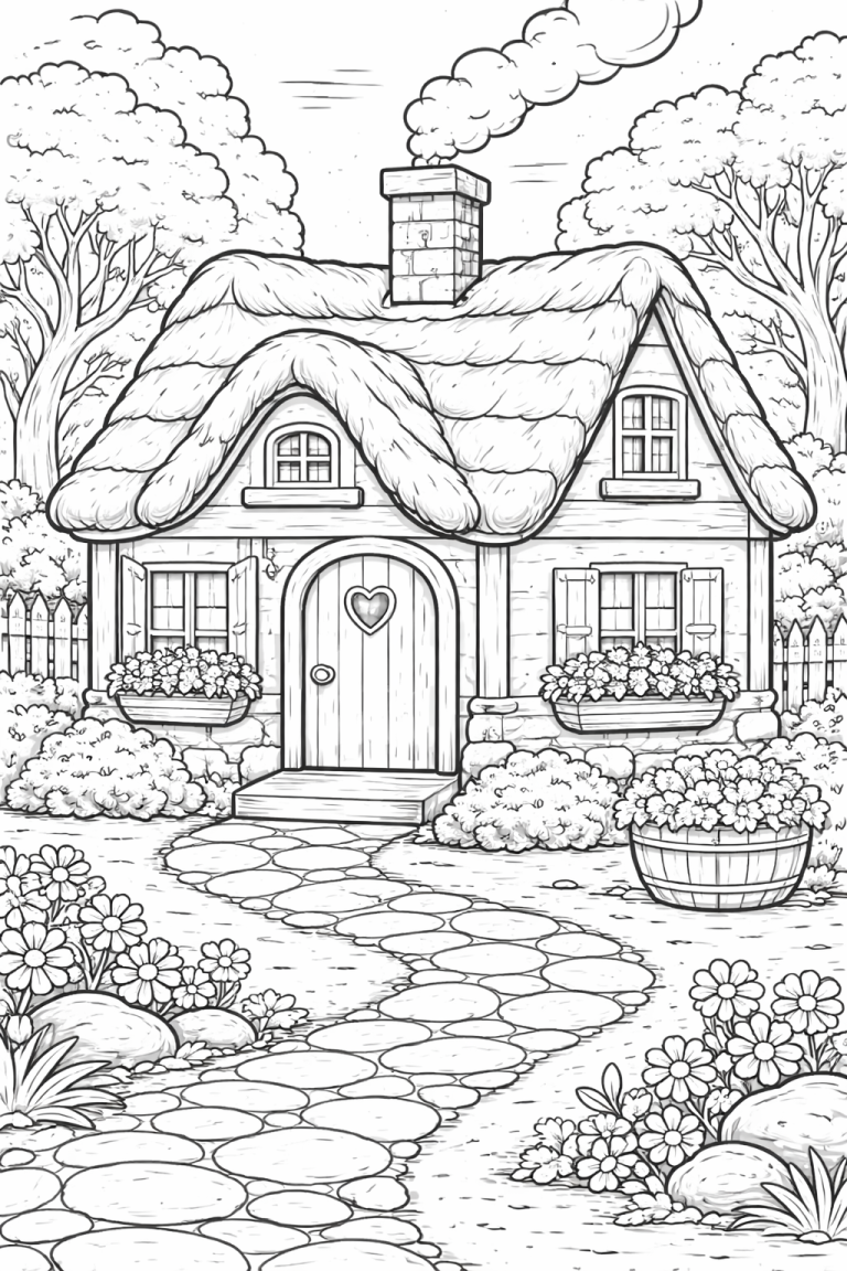 Coloring page of a fairy tale house with flowers