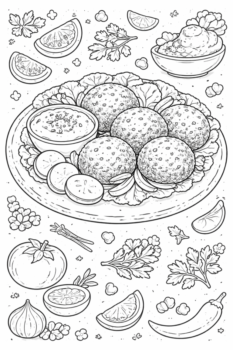 A detailed coloring page of a falafel plate with garnishes such as lettuce, cucumbers, lemon wedges, and small bowls of dips, inviting children to color and learn about this popular dish.