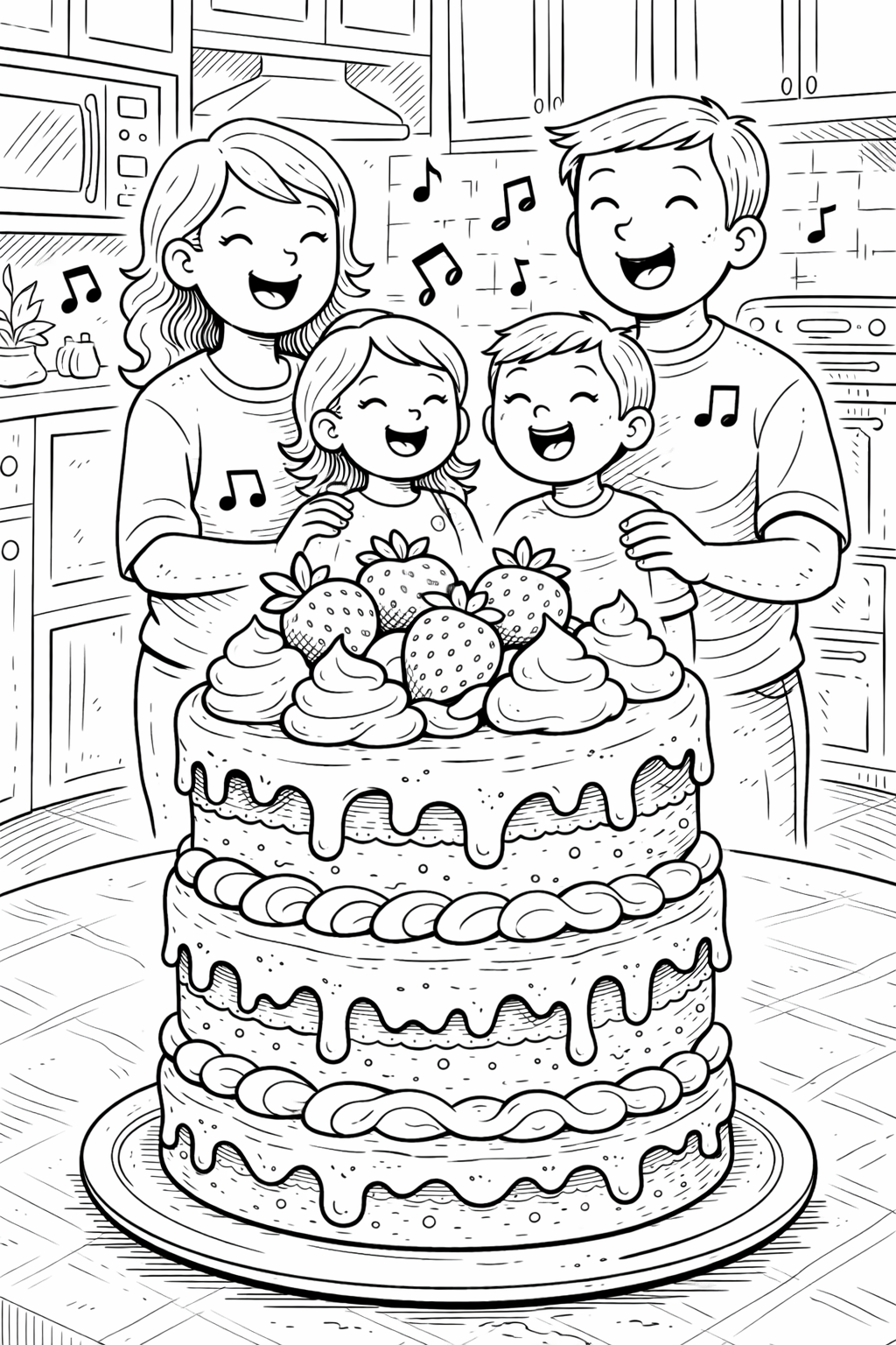 A joyful family gathered around a large decorated cake in the kitchen, expressing happiness and music, ideal for a children's coloring activity.