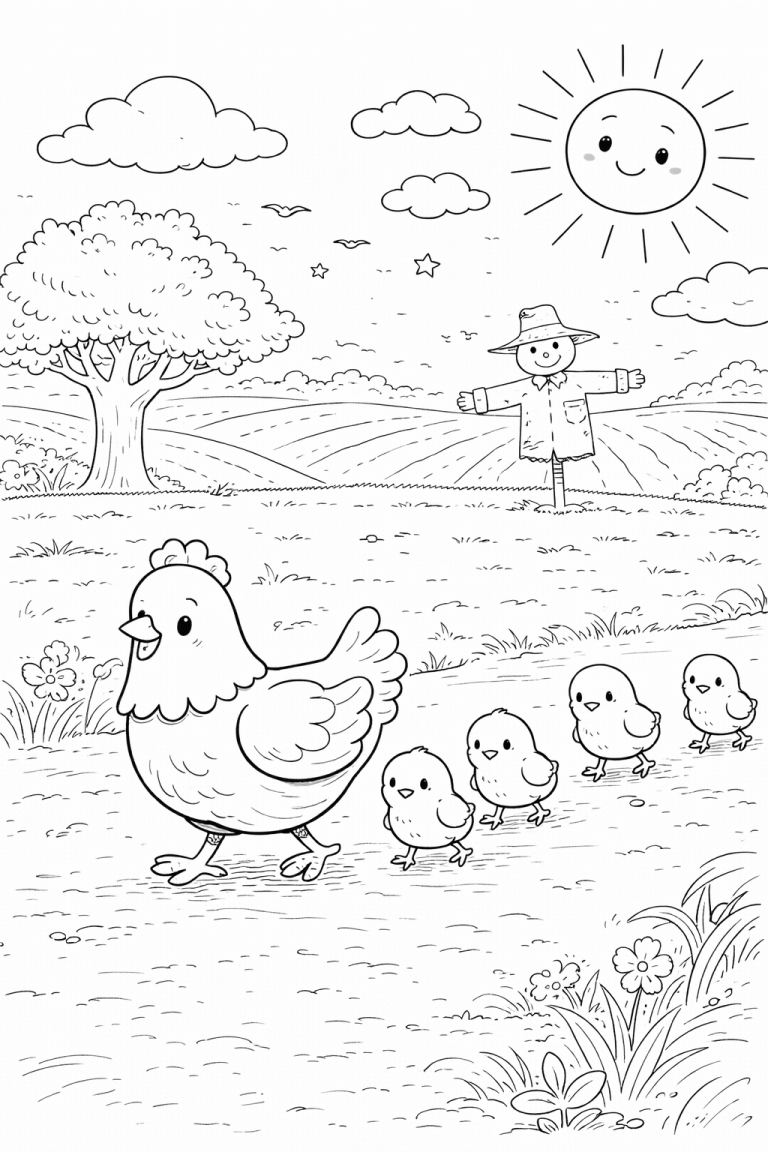 A charming coloring page featuring a mother hen and four chicks walking in a farm landscape with a smiling sun, a tree, and a scarecrow in the background. Ideal for young children to exercise their creativity.