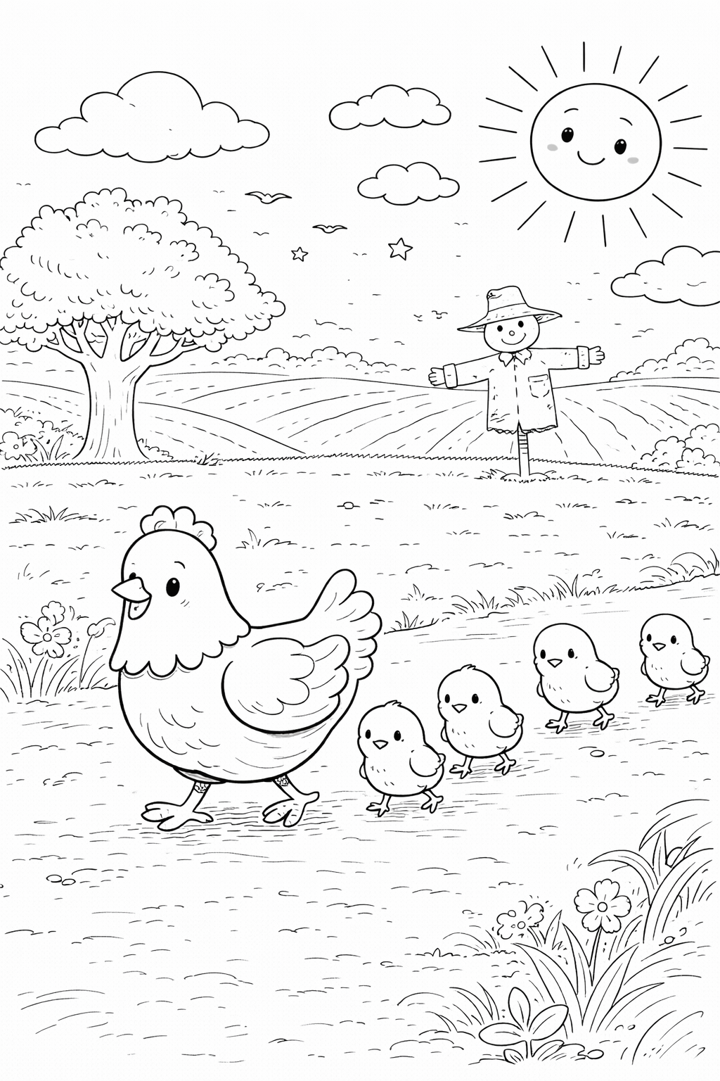 A charming coloring page featuring a mother hen and four chicks walking in a farm landscape with a smiling sun, a tree, and a scarecrow in the background. Ideal for young children to exercise their creativity.