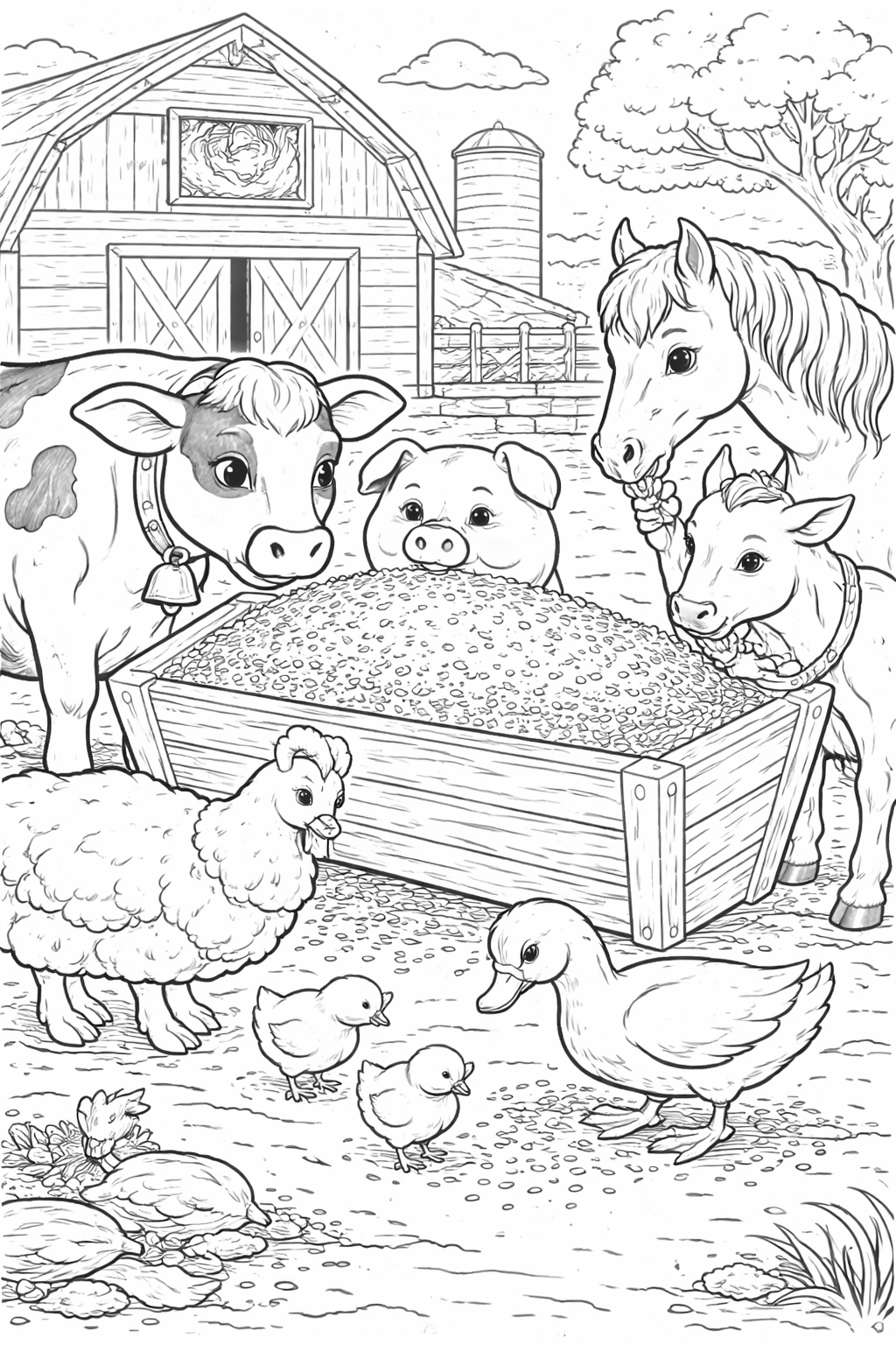 The coloring page shows various farm animals, including a cow, pig, horse, chicken, and duck with ducklings. They are gathered around a feeding trough on a farm. A barn and silo create an idyllic background.