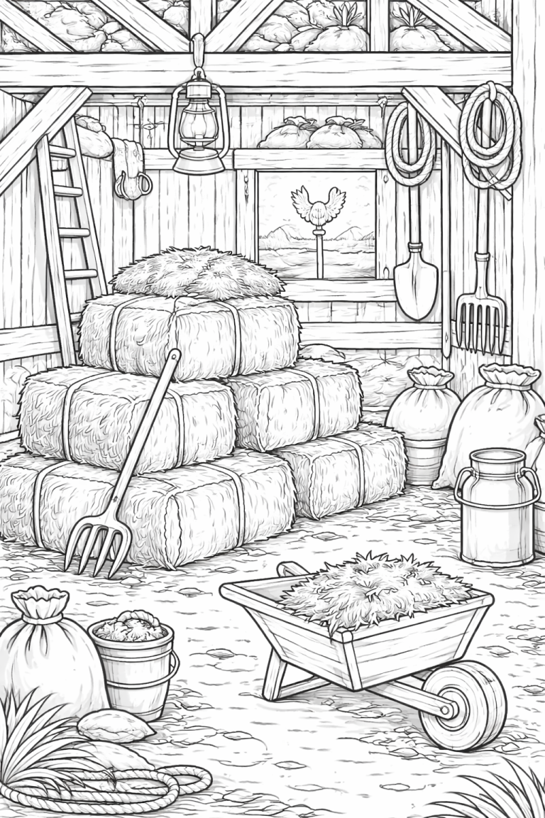 Farm scene with hay bales in a barn