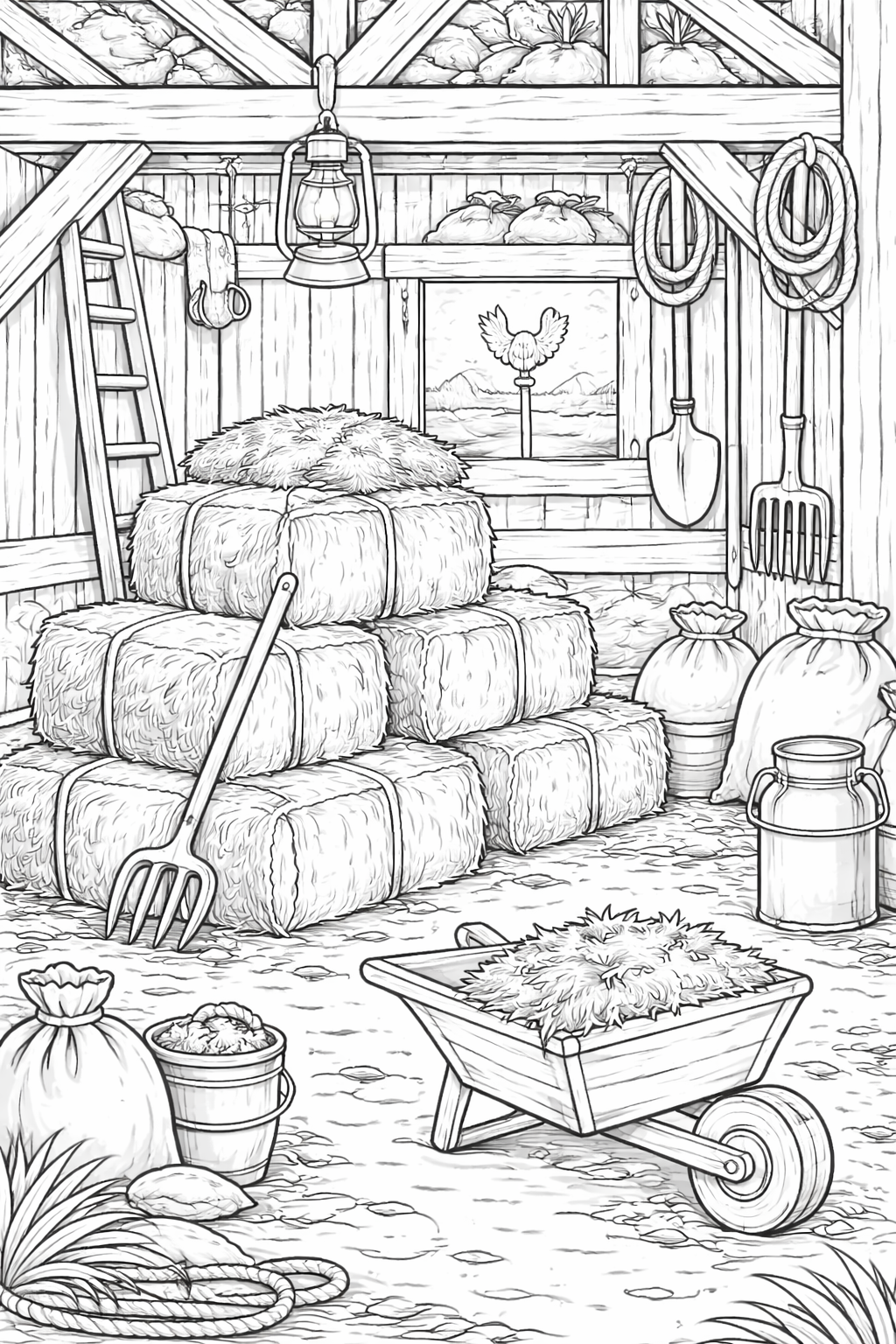 Farm scene with hay bales in a barn